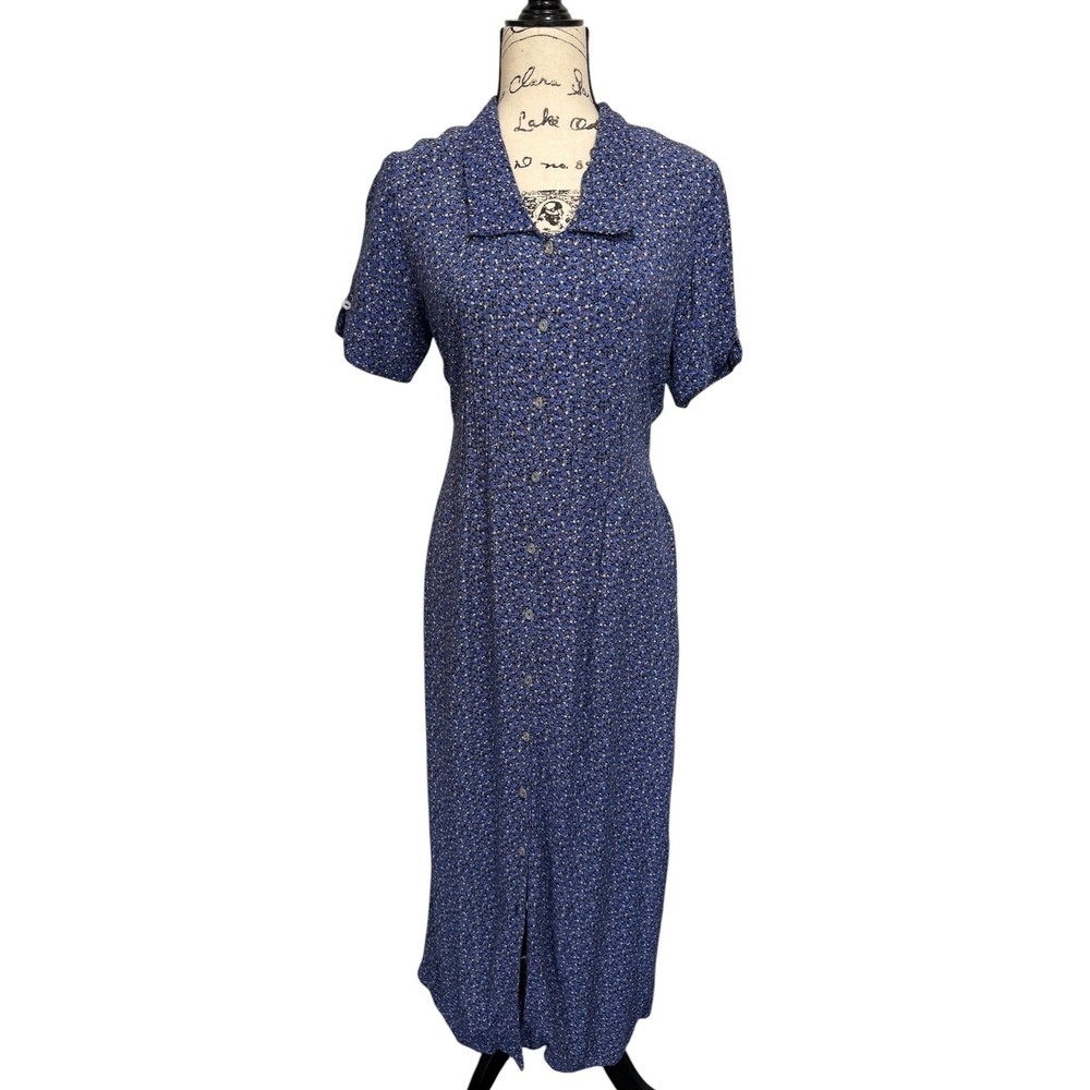 Vintage K Studio Women Blue Floral Button Front Calico Print Midi Dress 10